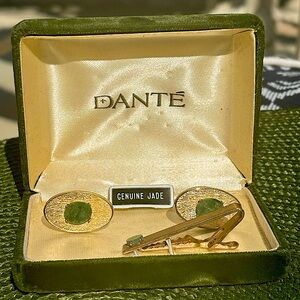 DANTEGold and Green Jade Cufflinks and Tie Clip Set